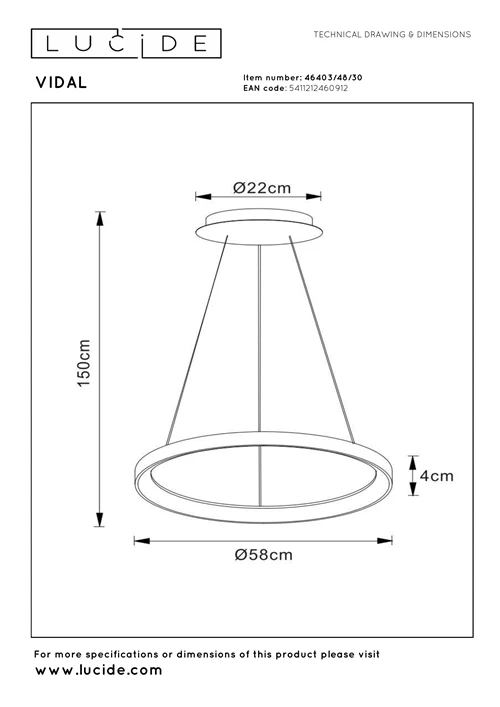 Lucide VIDAL - Pendelleuchten - Ø 58 cm - LED Dim. - 1x48W 2700K - Schwarz - technisch